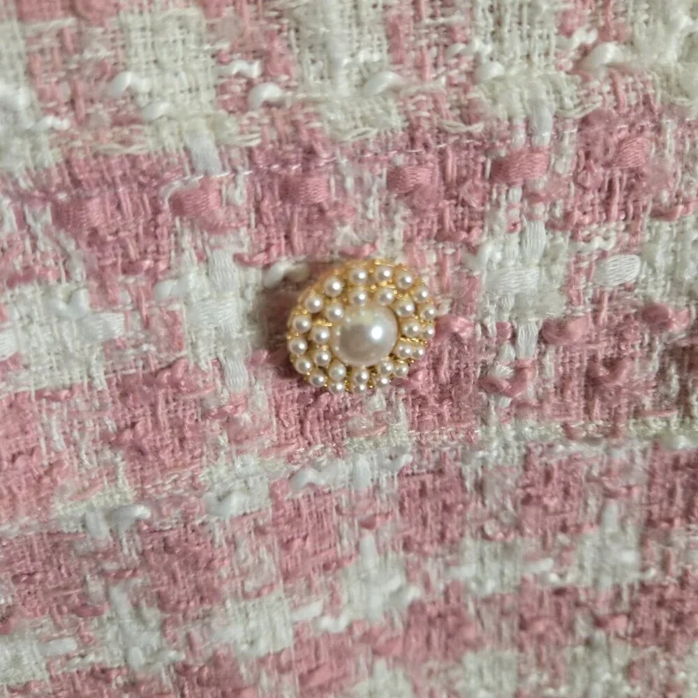 Bebop Pink Gingham Tweed Sheath Dress Raw Hem Pearl Button Detail Size M